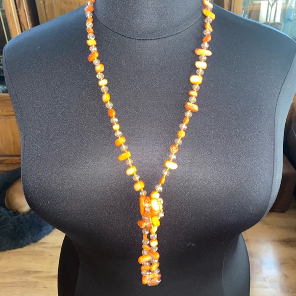 Orange Polished Stone Effect Beaded Necklace Set 2 Pieces - Picture 3 of 5